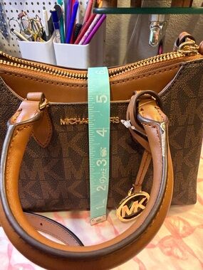 Michael Kors Brown & Tan Logo Satchel with Gold MK Charm